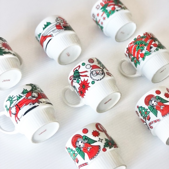 SOLD**Vintage Mid Century 50s 60s Christmas Stacking Cups Mugs Set of 8 - Picture 13 of 16
